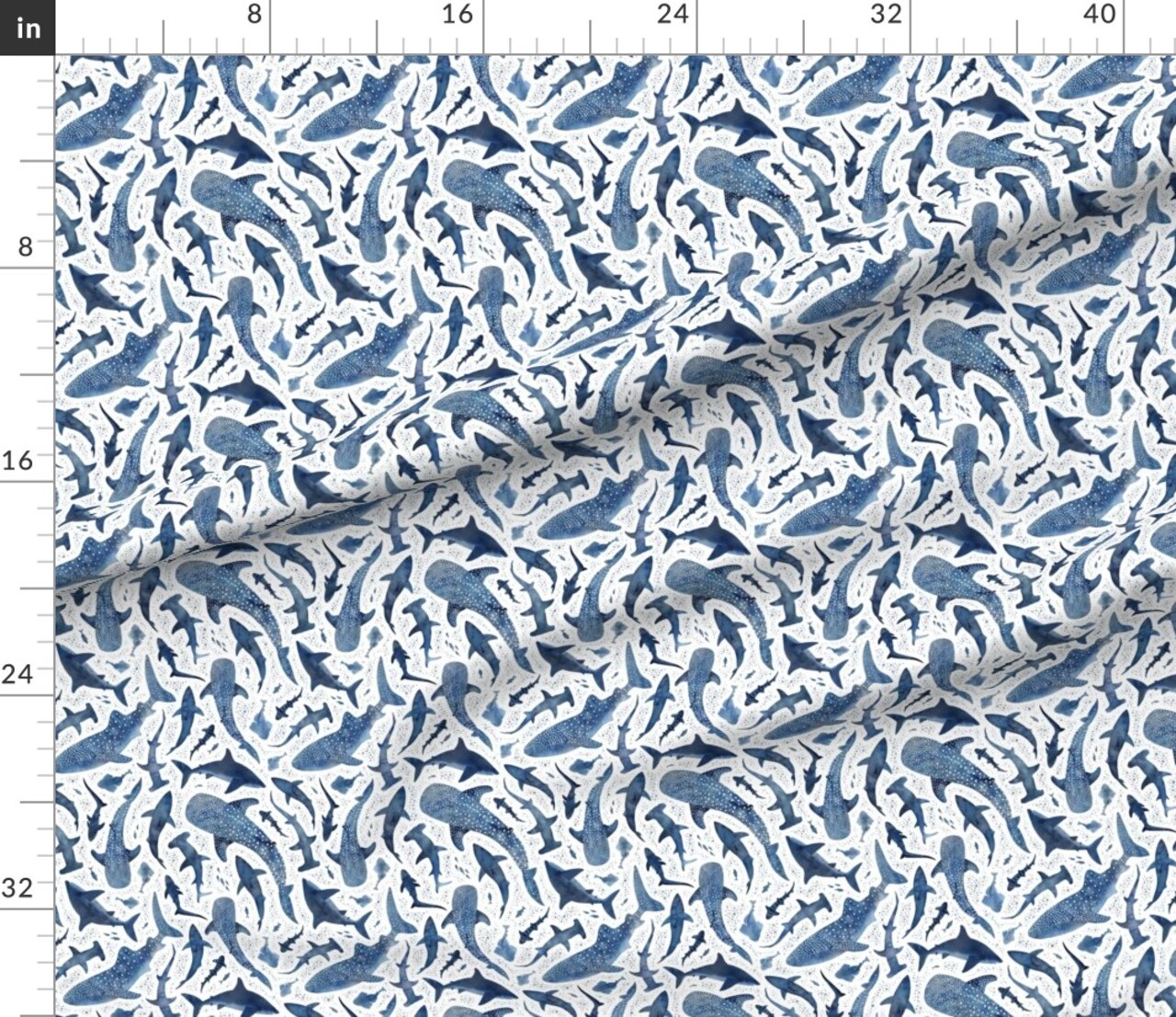Various Fabrics by the Yard or Fat Quarter Ocean Under The Sea Coastal Nature Kids Beach Sharks Whale Marine Life Small Scale Playroom Blue Monochrome Great White Shark Biology Custom Printed Fabric by Spoonflower